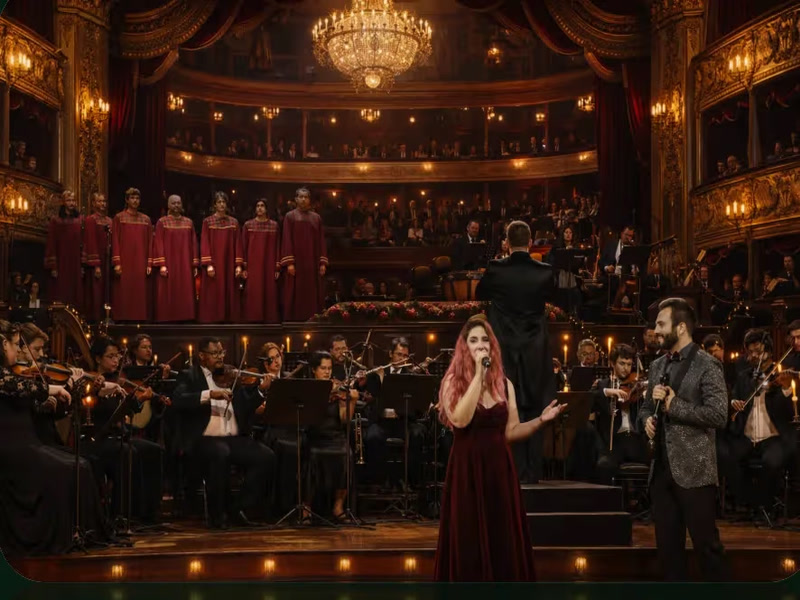 Orquestra, coral e cantores no palco de um teatro iluminado — Natal Luz In Concert