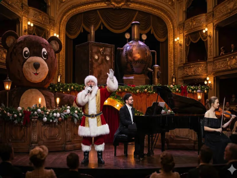 Papai Noel, pianista e violinista em cenário natalino no palco — Natal Luz In Concert