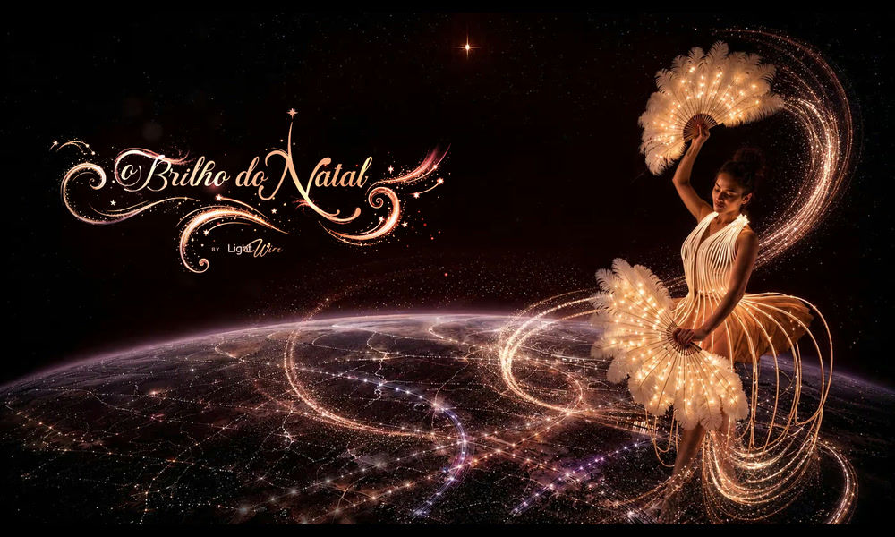 Bailarina com figurino iluminado ao lado do logotipo do Brilho de Natal — Brilho de Natal by LightWire